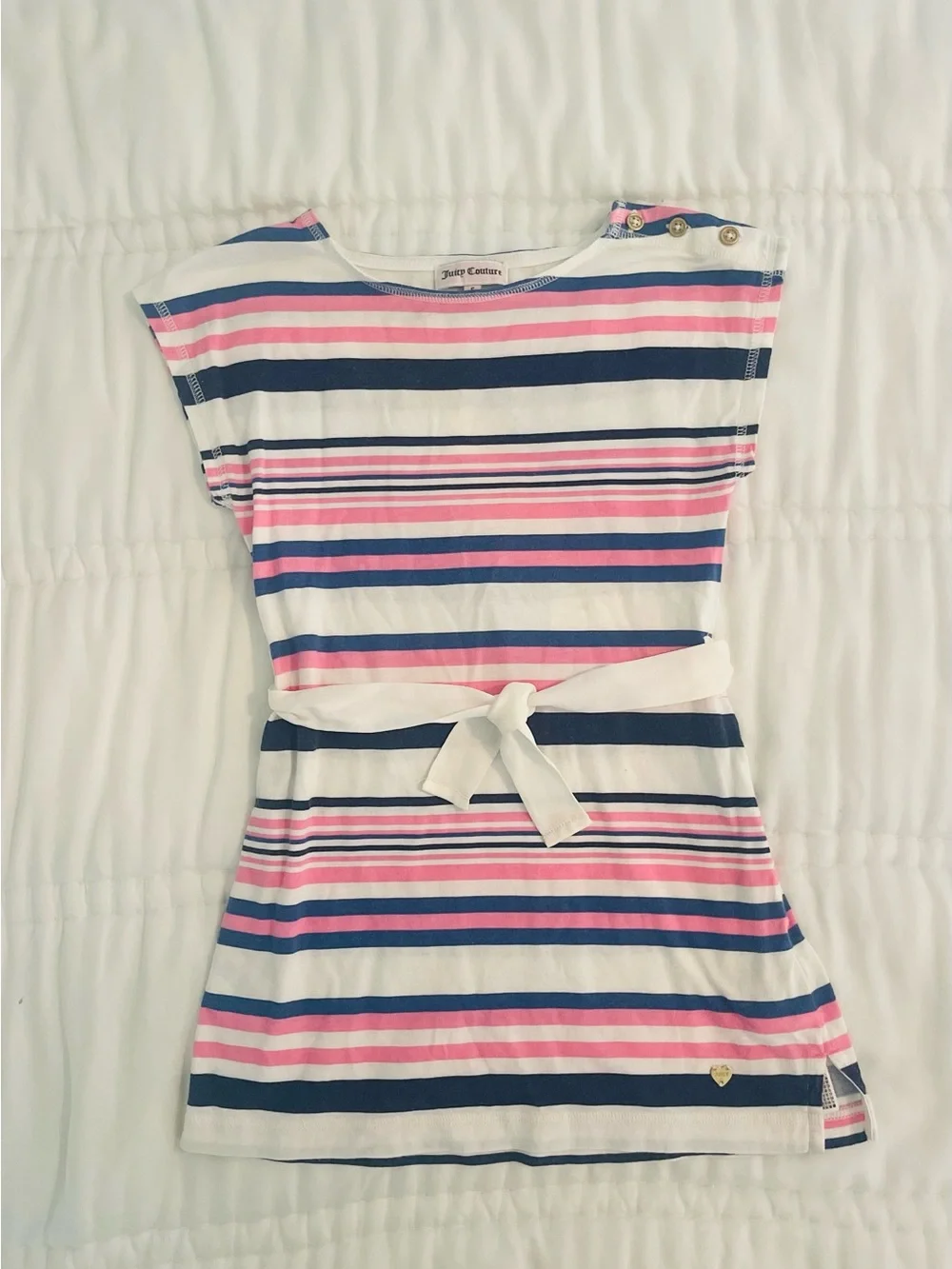 Juicy Couture White, Pink & Navy Striped Belted Knit Dress